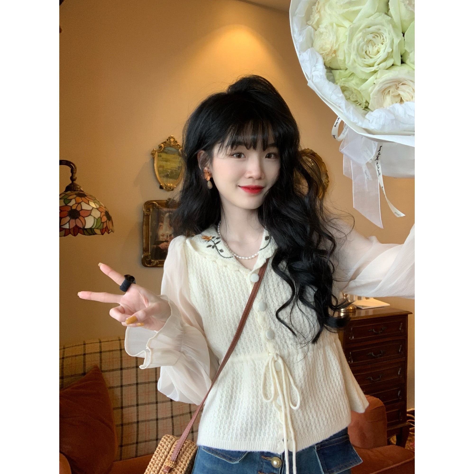 欣子野私服早春復古港風甜美法式上衣小眾溫柔毛衣