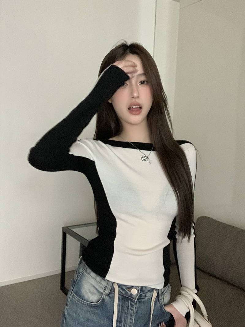 Real shot of constant temperature in all seasons, contrasting color split right-angle shoulders, slim-fitting sweater