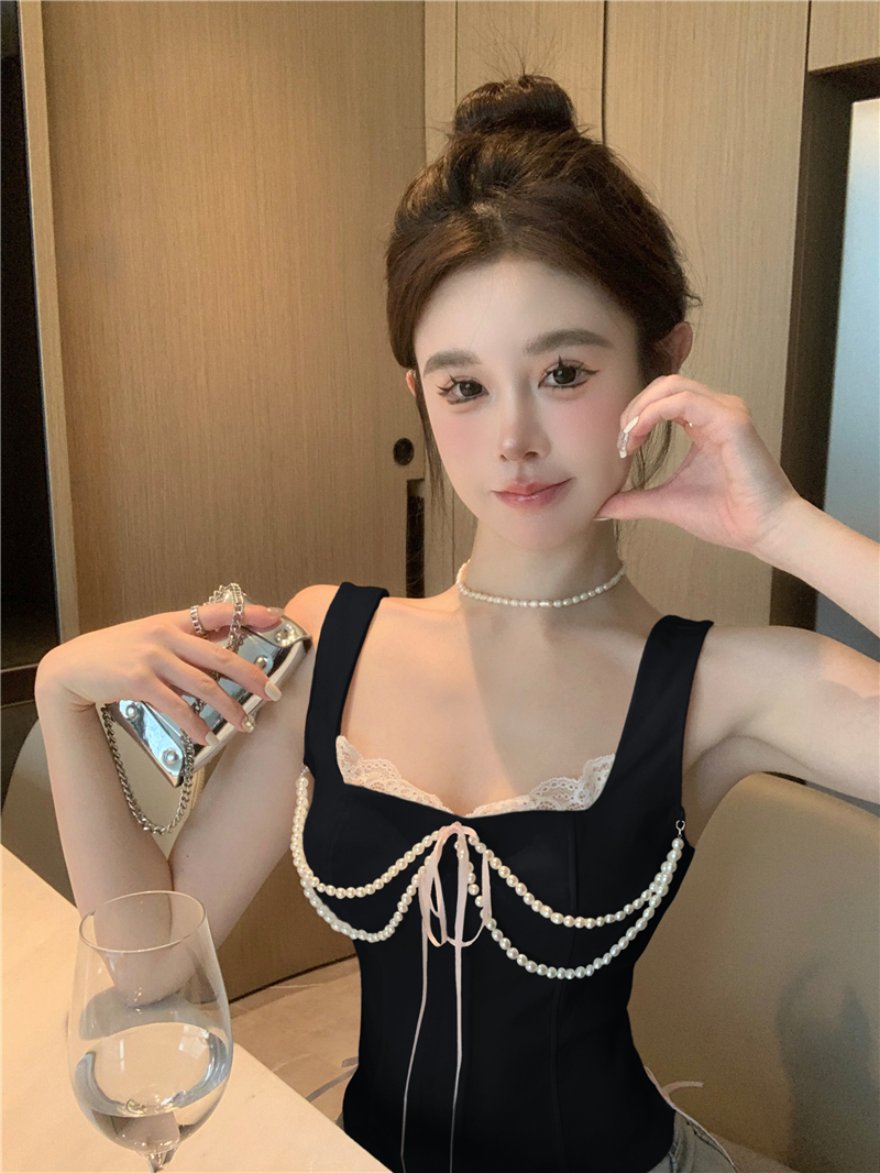 Real shot of French pure lust lace stitching pearl camisole women's strappy waist slimming bottoming top