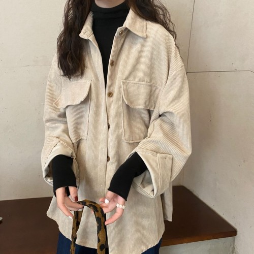 Actual shot of new autumn and winter Korean style retro corduroy mid-length lazy loose shirt jacket