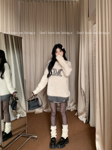 Actual shot~ Heavy industry sweater, m-shaped diamond-encrusted casual pullover + ins Korean style sparkling sequin skirt