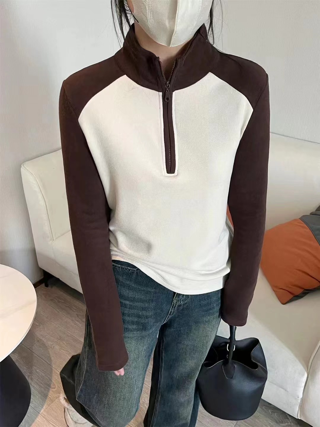 European contrasting color stitching stand-up collar double-sided velvet bottoming shirt for women spring and autumn half-zip T-shirt top