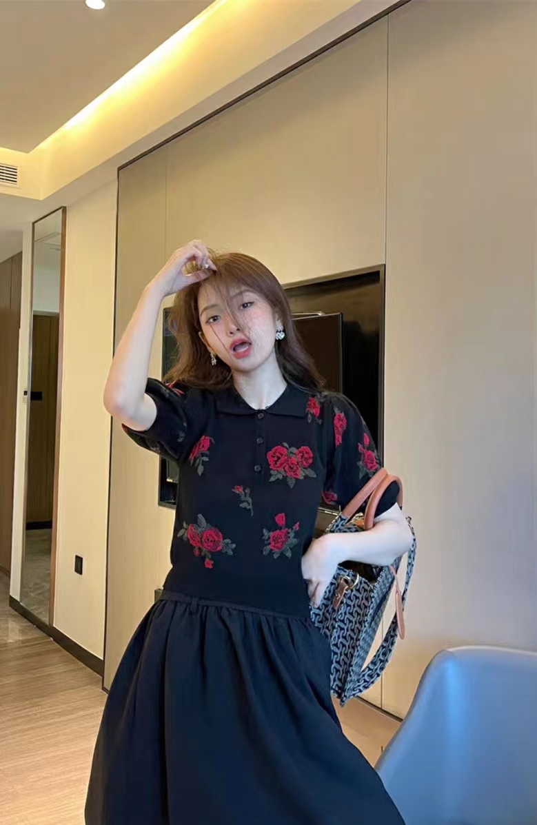 黑色polo領短袖針織衫女夏季新款提花高級感法式復古洋氣上衣