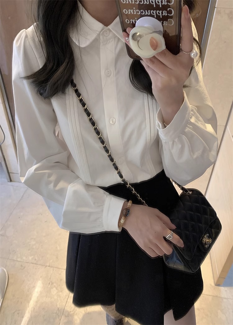 春秋甜美娃娃領白色襯衫女冬季疊穿內搭風琴褶襯衣設計感上衣學生