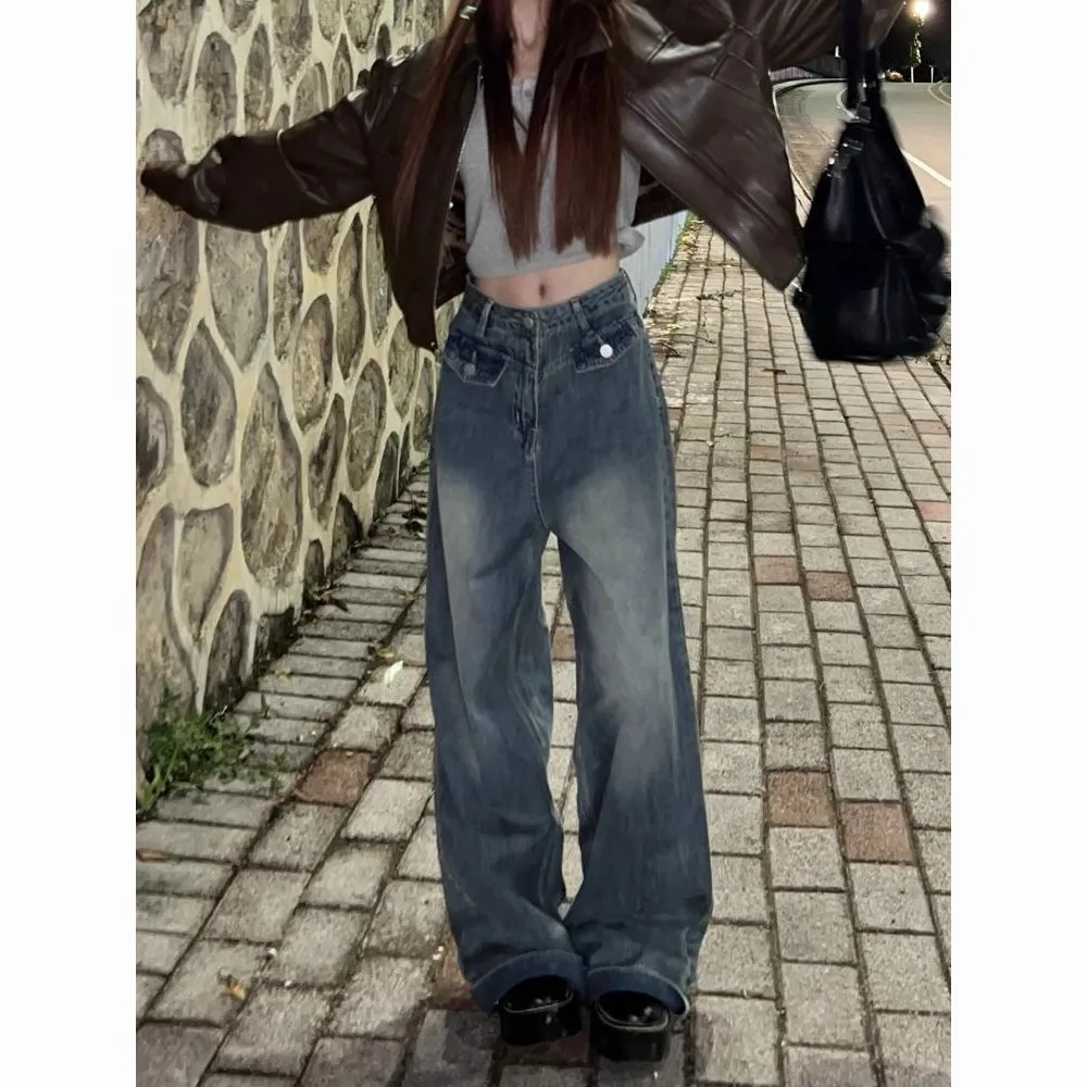 美式復古窄版闊腿牛仔褲女春秋新款高腰直筒寬鬆顯瘦垂感百搭長褲