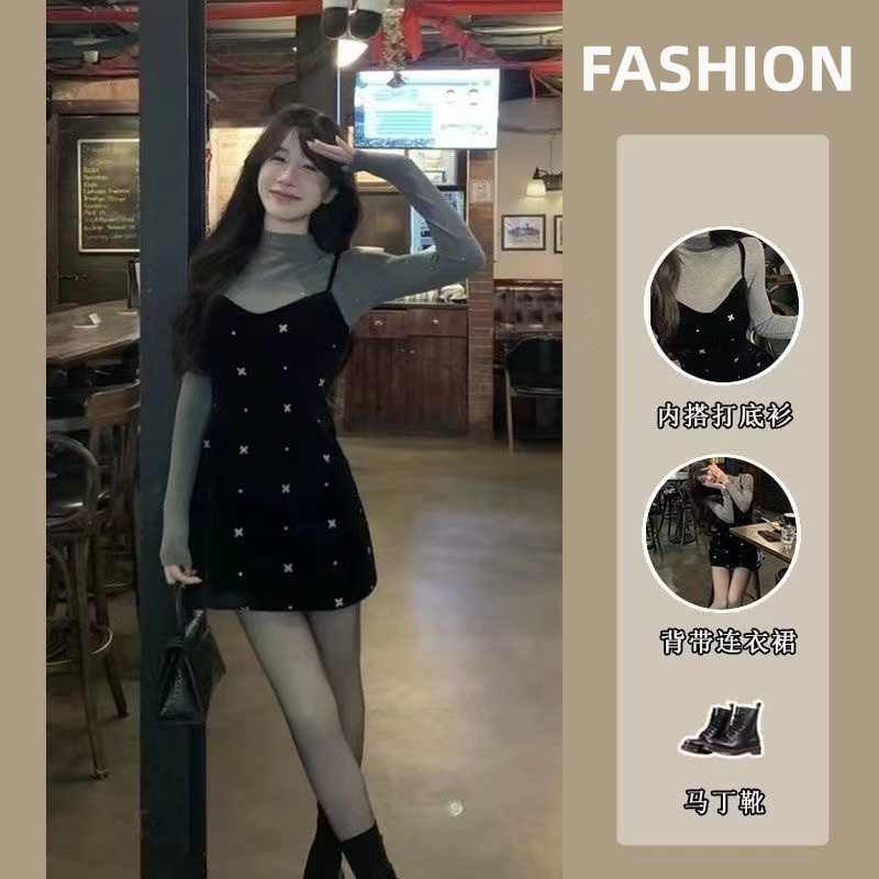 法式氣質復古絲絨吊帶連衣裙女赫本風內搭上衣魚尾包臀裙兩件套裝