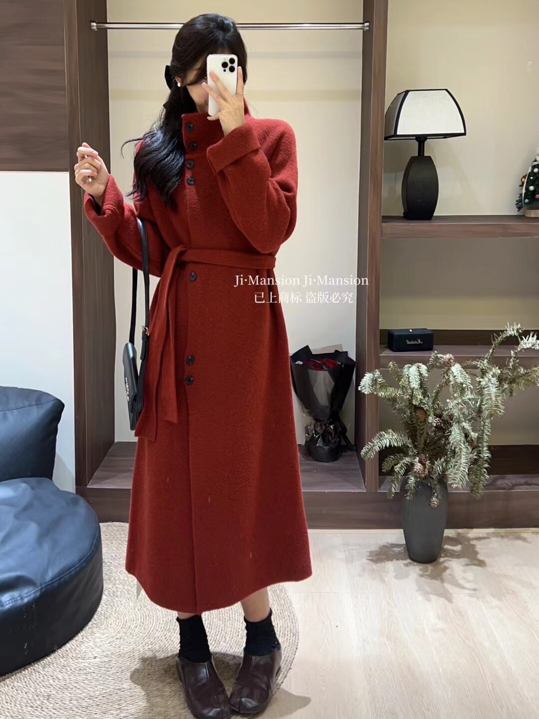 紅色中長款大衣女秋冬新款本命年立領加厚過膝毛衣外套