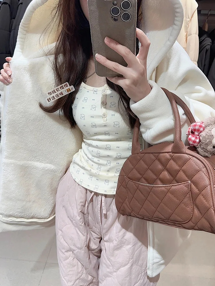 卡通小熊印花打底衫bm風修身長袖T恤女秋冬加絨磨毛保暖內搭上衣