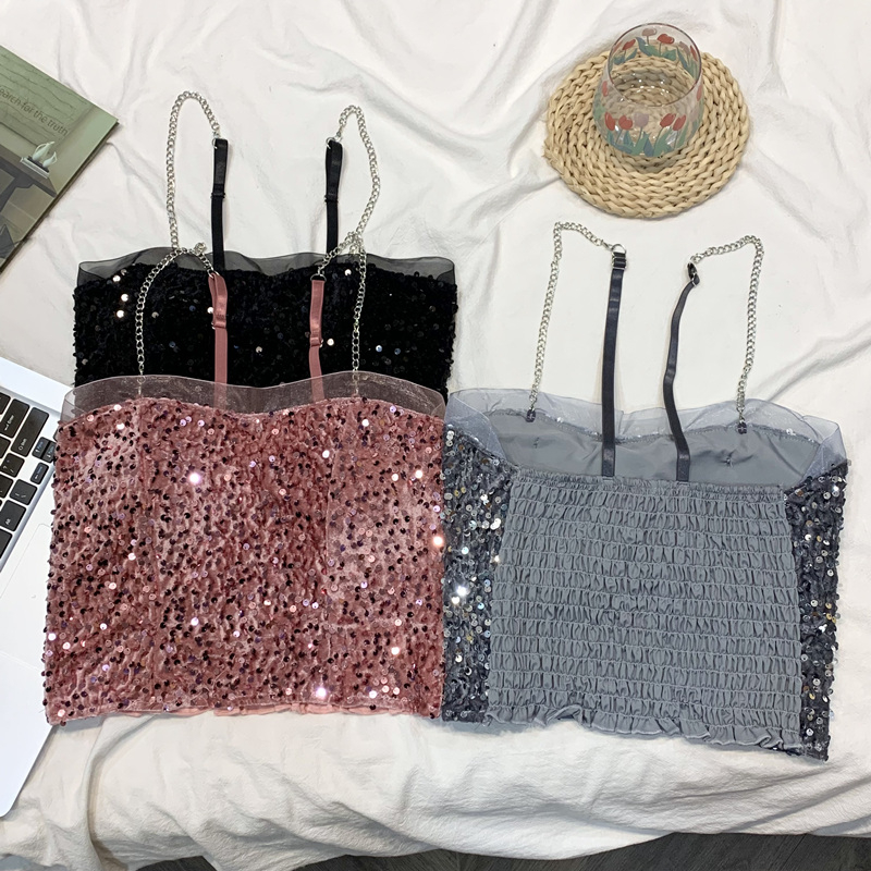 實拍亮片吊帶背心女內搭夏季美式復古純欲風性感辣妹短款上衣外穿