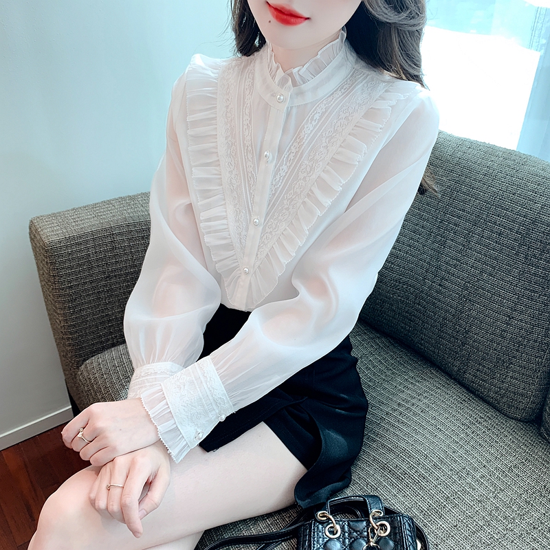 歐根紗長袖白襯衫女2024年早春季新款設計感小眾木耳邊修身襯衣