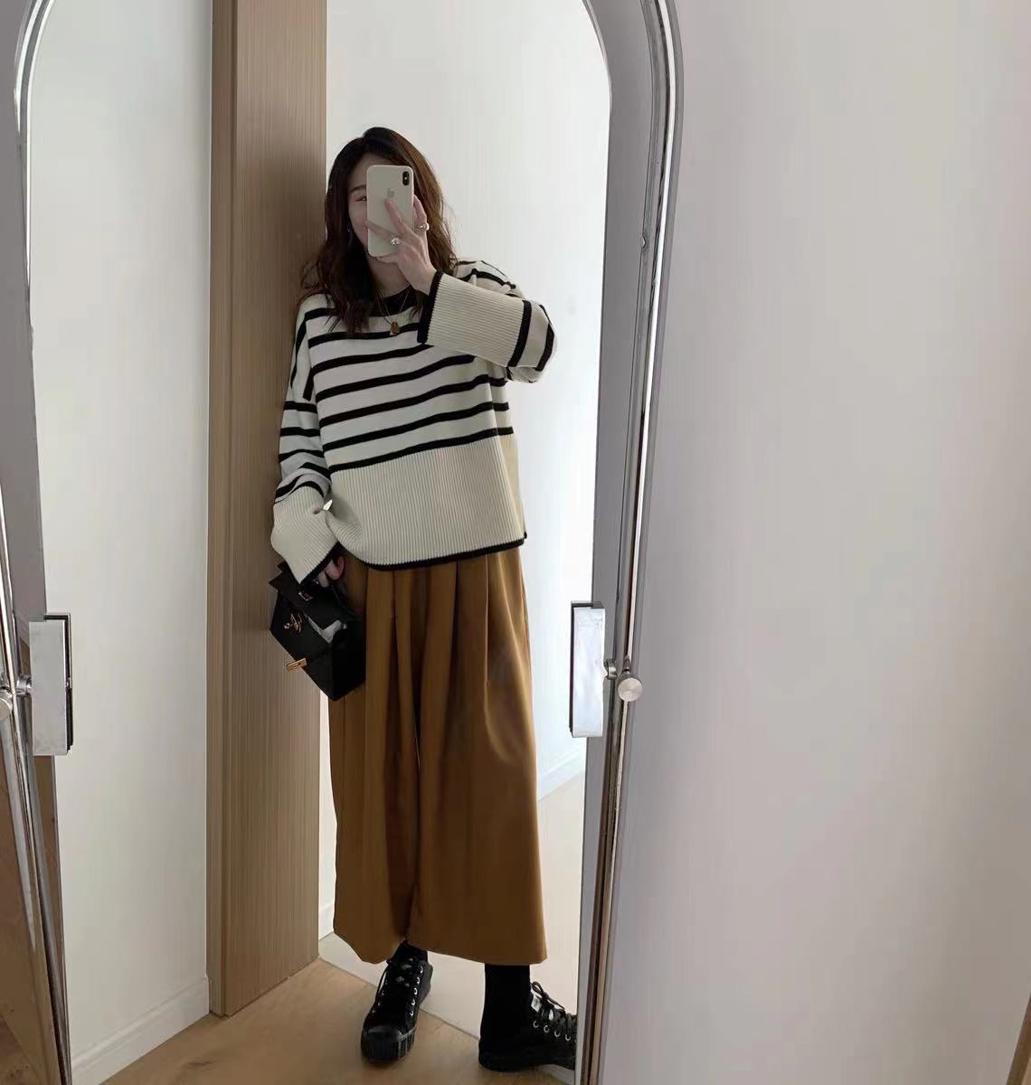 韓國條紋針織衫女含羊毛秋季新款復古慵懶風外穿軟糯套頭寬鬆毛衣