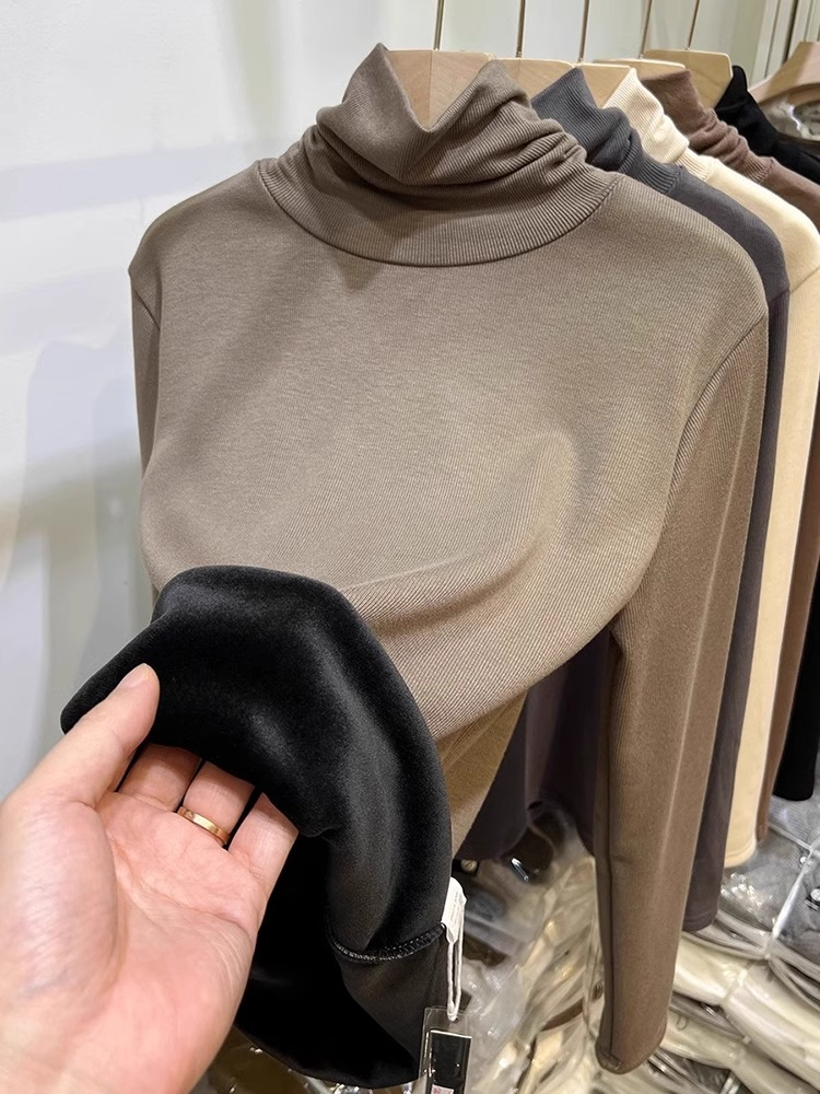 Rayon composite super soft 370g high collar plus velvet bottoming shirt for women in winter with integrated velvet T-shirt trendy