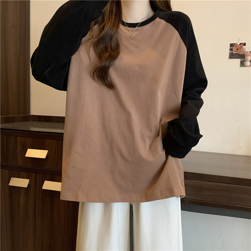 Real shot 2024 new pure cotton raglan sleeve long-sleeved T-shirt for women spring and autumn thin Korean style loose solid color top