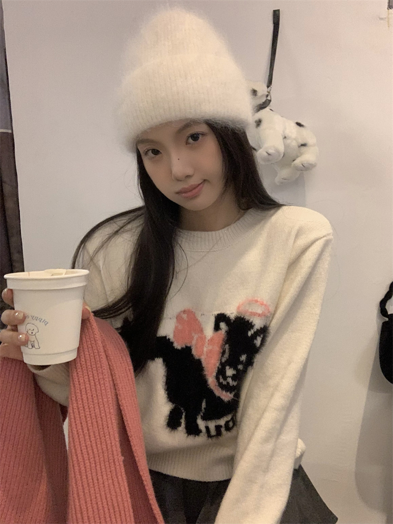 實拍~原創 韓系鬼馬少女可愛蝴蝶結貓咪提花毛衣針織衫