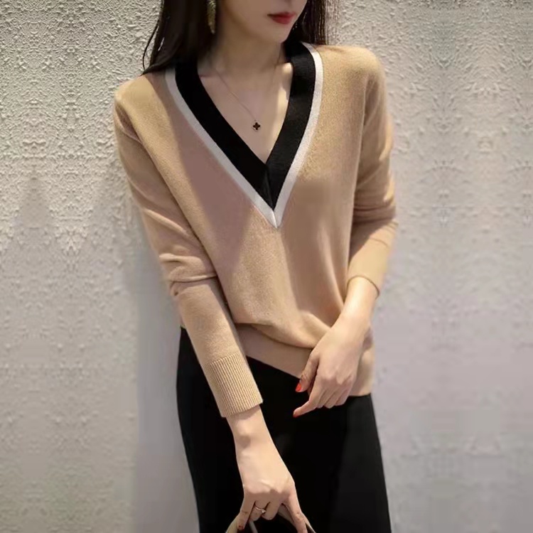 名媛時尚V領套頭拼色羊絨衫女秋冬新款氣質修身內搭打底針織衫潮