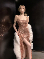 Real shot of golden sexy sequin suspender dress, sparkling evening dress, party dress