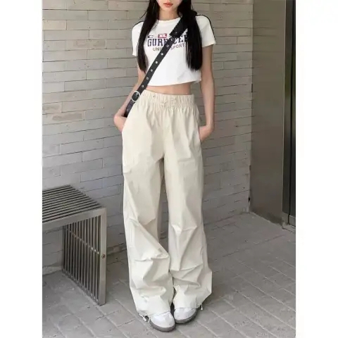 American-style leggings trousers for women, high-waisted drawstring straight overalls, summer casual pants, loose wide-leg pants, floor-length trousers