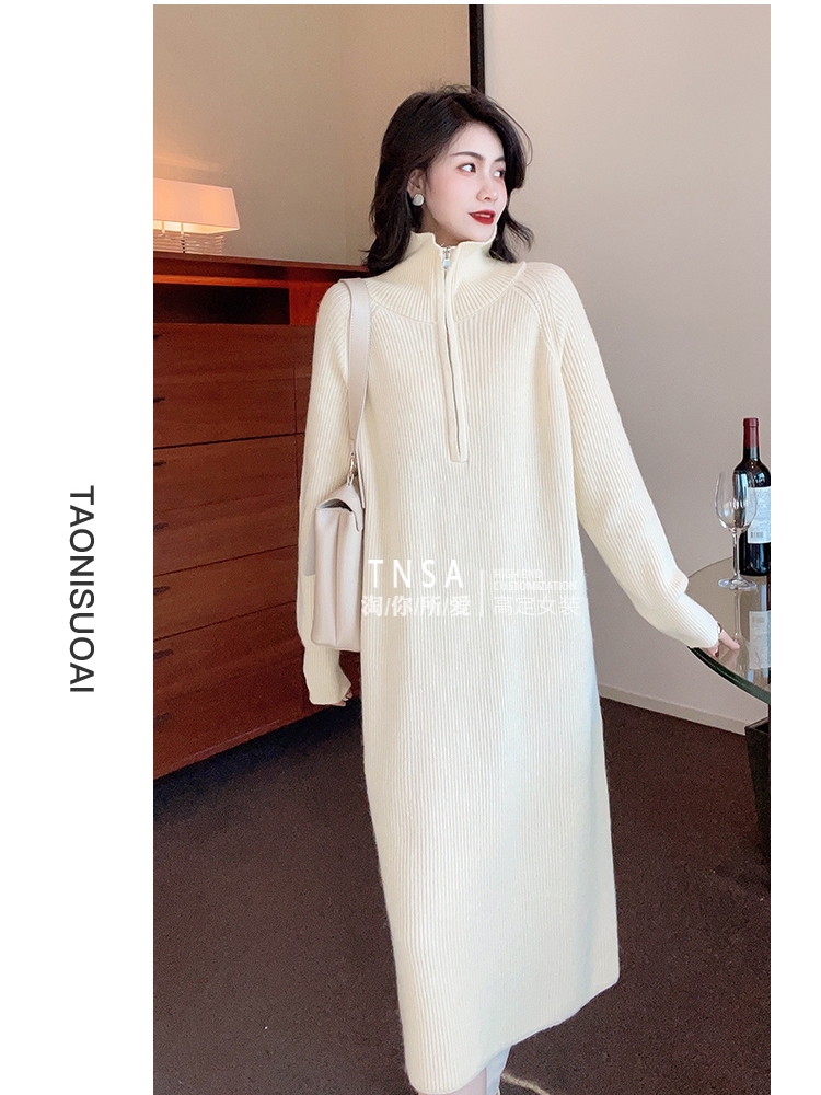 Autumn and winter French mid-length sweater dress with lapel zipper and knitted sweatshirt dress for women with coat base