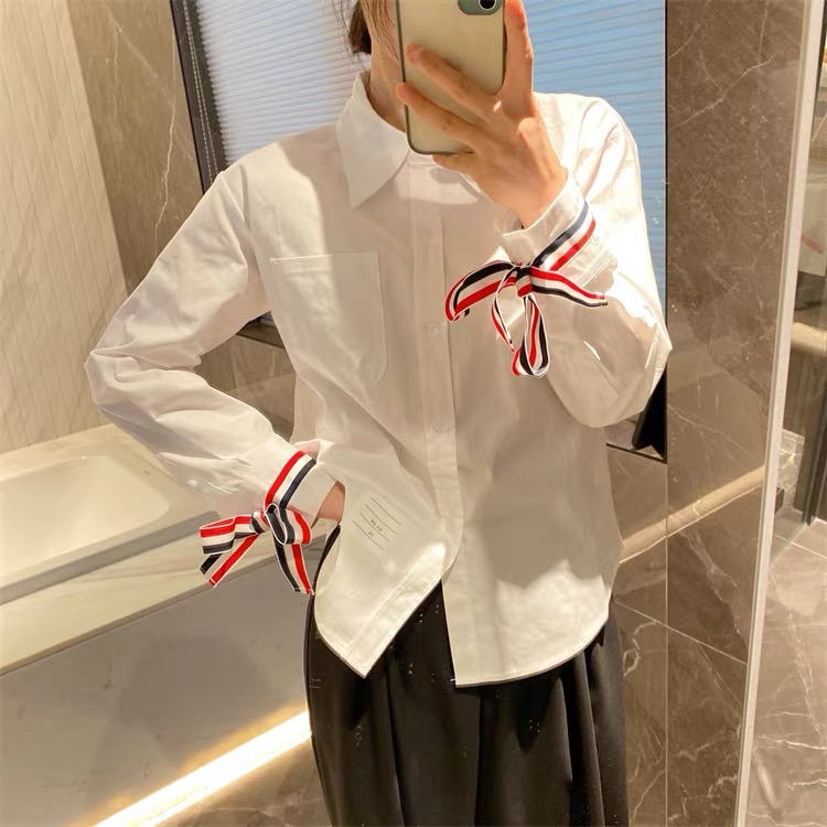 2024 early spring high quality casual polo collar colorful striped cuffs webbing bow sleeves white shirt for women