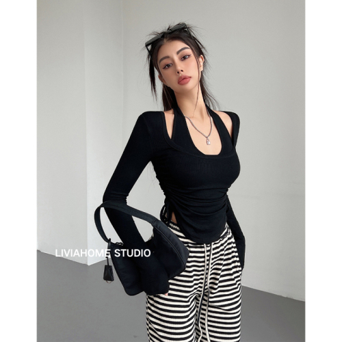 Hot girl black halterneck long-sleeved T-shirt women's autumn tight short bottoming shirt top two-piece set