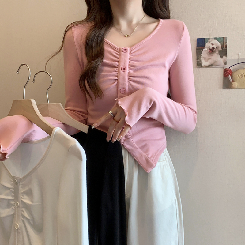 V-neck slim long-sleeved T-shirt for women in early autumn new hot girl short design pleated slit inner bottoming top