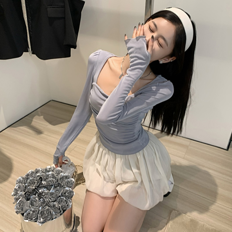 T恤女春秋辣妹方領緊身褶皺顯瘦長袖上衣+短花苞褲套裝
