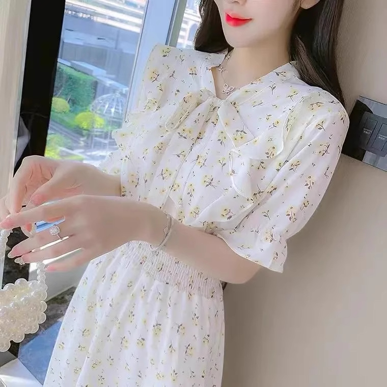 小休閒清新溫韓版柔連衣裙夏季新款法式碎花荷葉邊短袖收腰茶歇裙