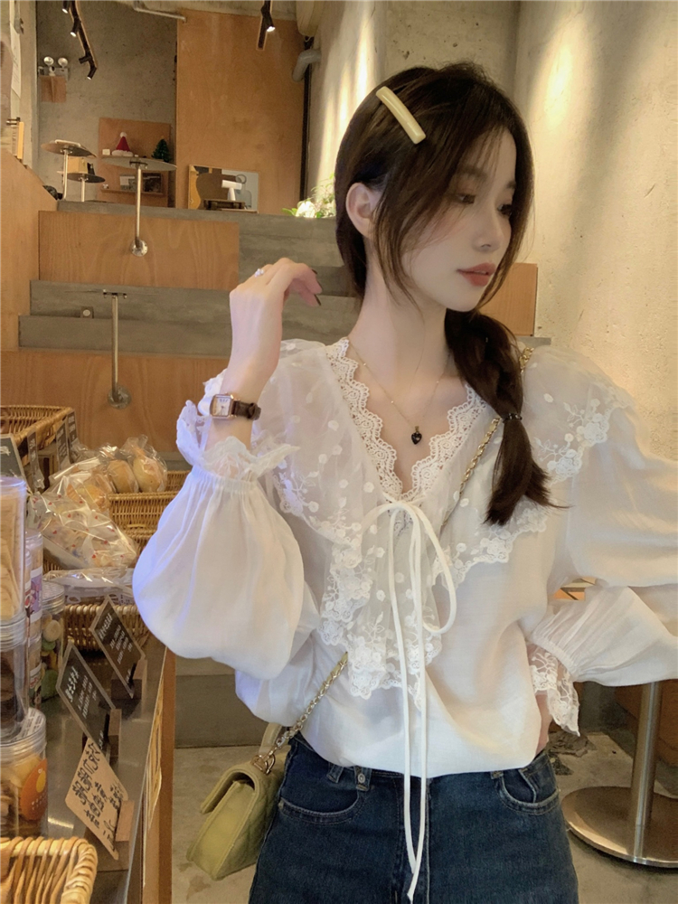 實拍！V領蕾絲荷葉邊系帶白色襯衫早春甜美減齡百搭長袖上衣