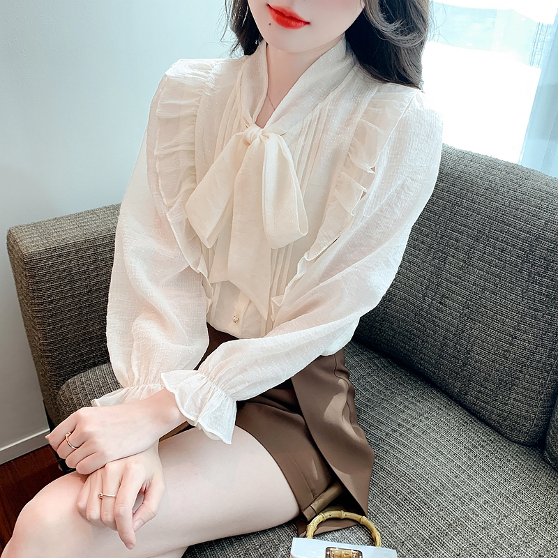 法式高級感荷葉邊雪紡上衣女2024春季新款設計感小眾長袖襯衫