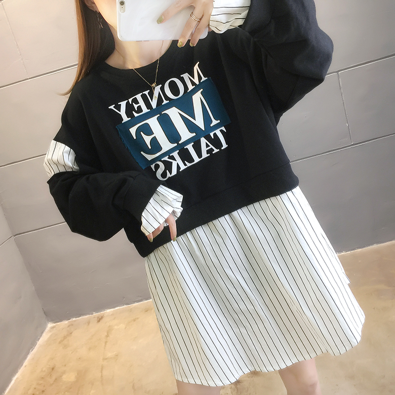 實拍2024春裝25棉假兩件中長款韓版字母印花長袖圓領衛衣女