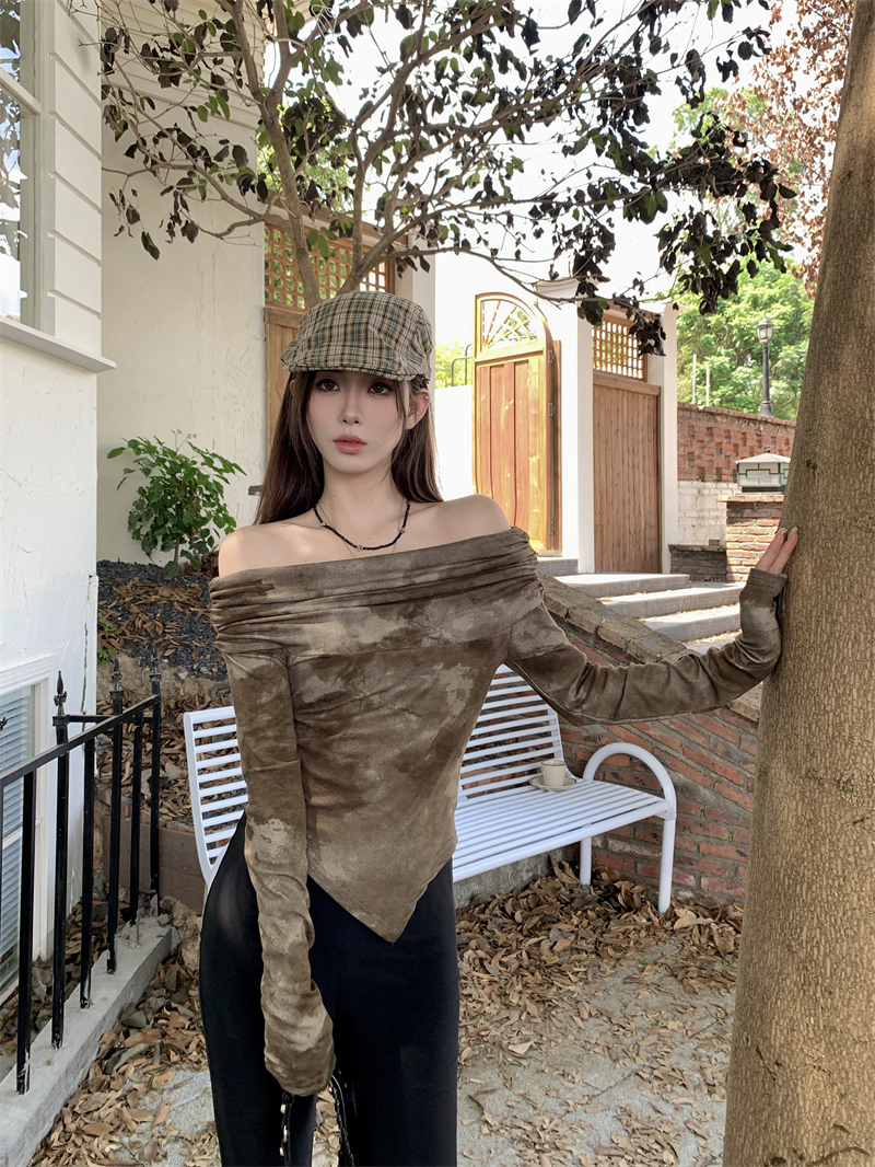 實拍~ 不規則小眾一字肩上衣短款修身顯瘦長袖t恤女