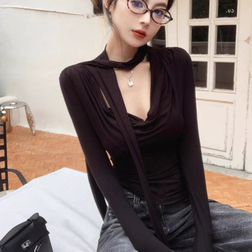 Official photo: Lace-up tight v-neck inner T-shirt top for women, spring and autumn waist-cinching long-sleeved, chic bottoming shirt