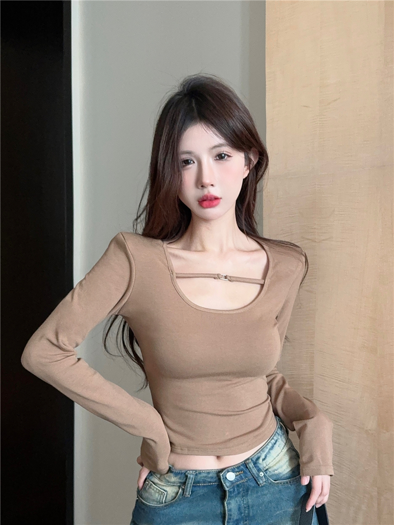 Real shot~Sexy hot girl long-sleeved T-shirt female U-neck slimming short top with bottoming shirt