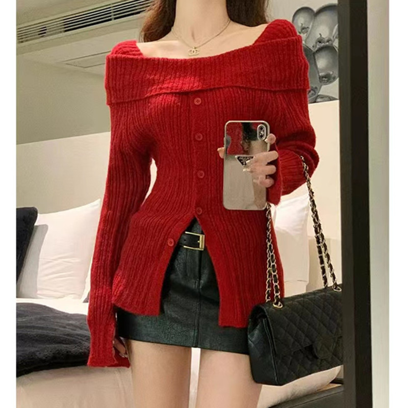 French style square collar single-breasted slim design niche sweater for women sweet and ladylike one-shoulder sweater