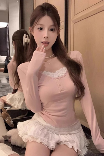 Official picture of DeRong 260g fake two-piece lace splicing long-sleeved T-shirt for women autumn and winter 2024 new tops and bottoming shirts