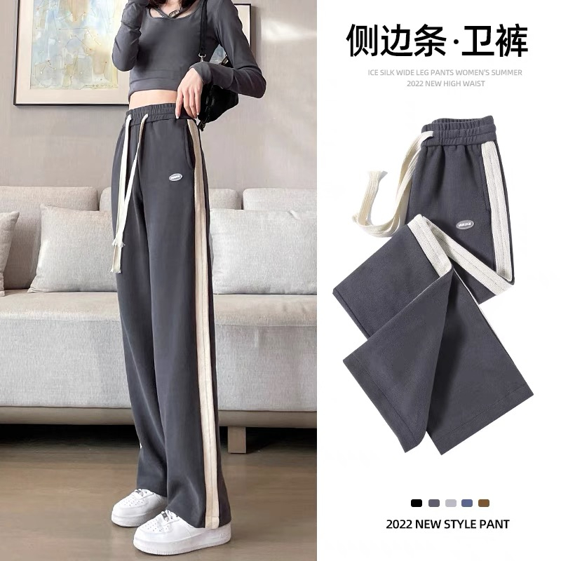 灰色闊腿褲子女春秋季2024新款高腰垂感直筒拖地薄款休閒運動衛褲