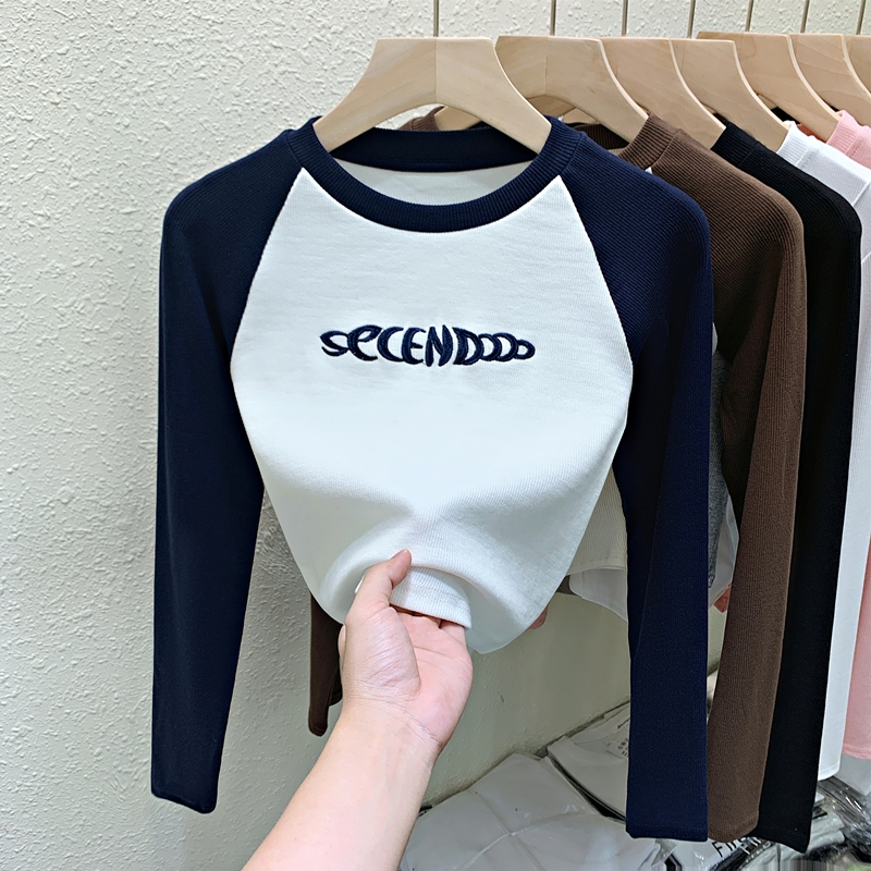 2024 Spring and Autumn New American Retro Long Sleeve T-Shirt Women's Design Embroidered Right Shoulder Short Contrast Top