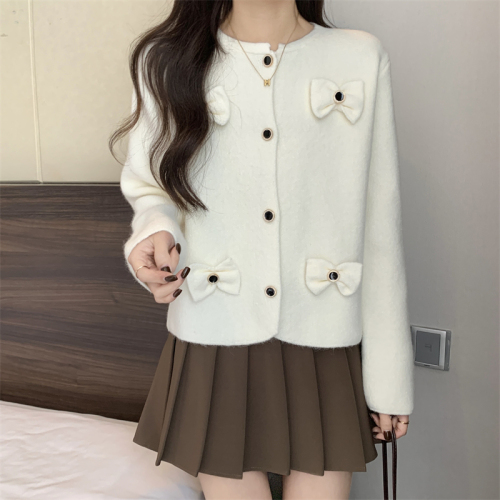 Actual shot of new small fragrant style round neck age-reducing college style bow-knot decorated sweater knitted cardigan for women