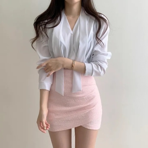 韩版时尚V领蝴蝶结系带小杉衬衫