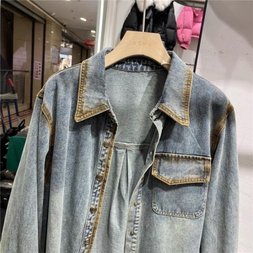 2024 Spring New Fashion Color Block Denim Shirt Women's Long Sleeve Retro Loose Casual Shirt Jacket