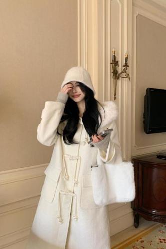Actual shot of spring, autumn and winter new Korean style loose mid-length thickened hooded fur collar woolen coat for women