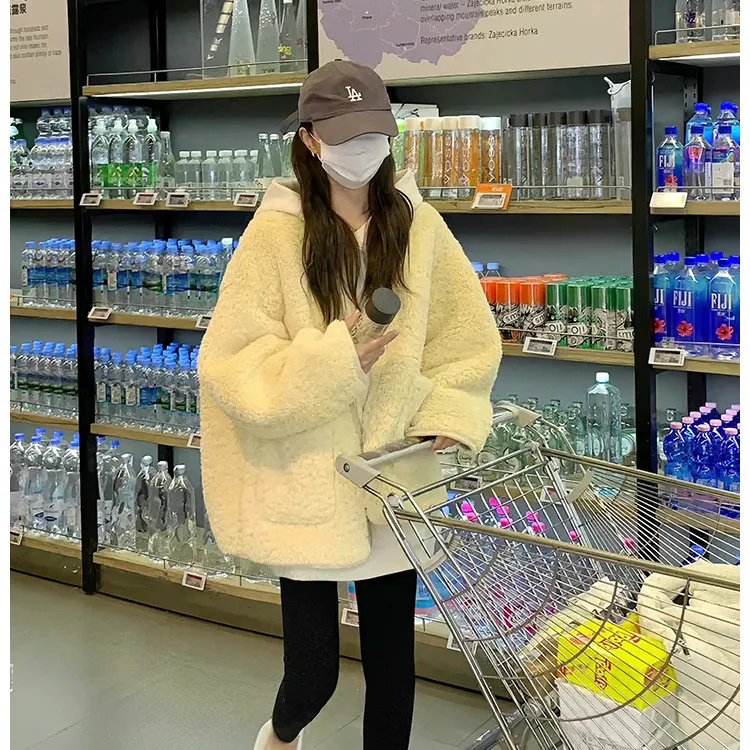 Creamy yellow plush cotton coat winter 2024 new soft and waxy versatile and gentle fur all-in-one cotton coat for women