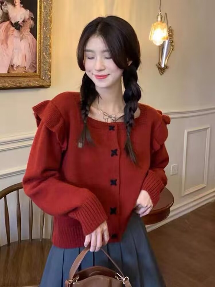 Autumn and winter new style gentle style short sweater jacket for women sweet design thin student style knitted cardigan for women