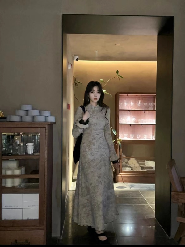 EIA一堯山澗松茶新中式國風清冷禪意連衣裙女氣質暈染小眾長裙