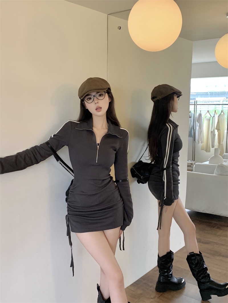 Actual shot~Spring new pure lust hot girl dress female design sense long sleeve waist tight hip-hugging short skirt