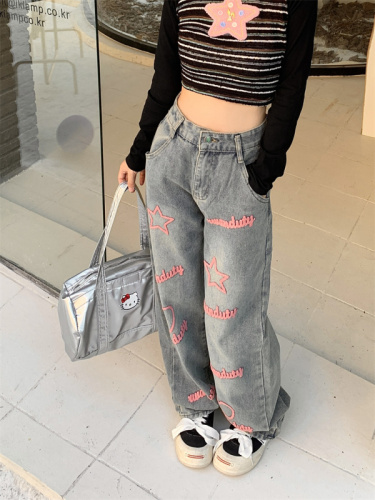 Real shot!  High street hot girl letter embroidered wide leg jeans high waist loose straight straight floor mopping pants