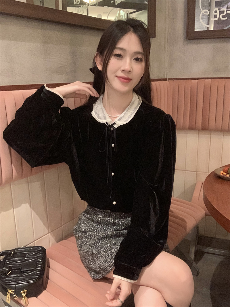 實拍 氣質百搭淑女蕾絲娃娃領綁帶絲絨襯衣+亮片包臀半身裙