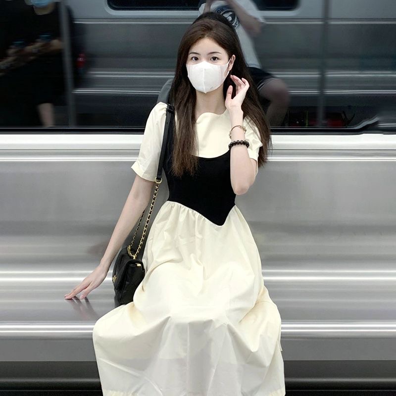 2024春夏法式甜美拼接氣質收腰減齡假兩件有里布連衣裙子女