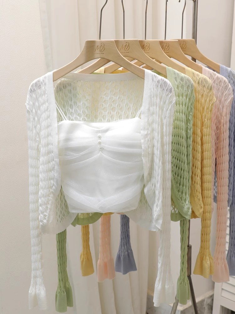 Sweet and Pure Desire Mesh Suspender Women's Thin Cool Salt Style Street Sunscreen Cardigan Top Hot Girl Summer Fashion Two-piece Set