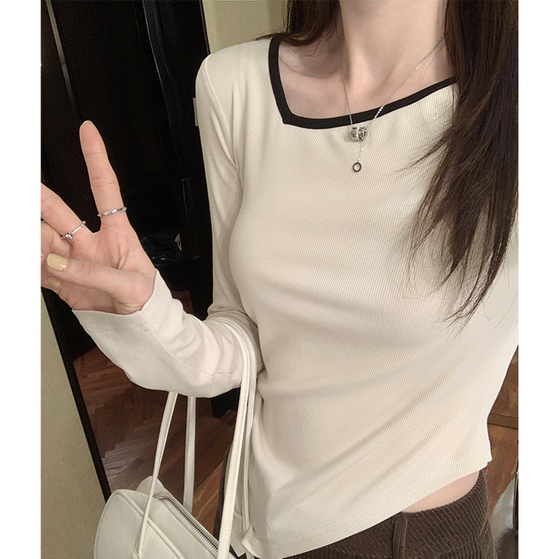 Real photos of Korean style contrasting color slant collar slit thread waist slimming irregular bottoming shirt